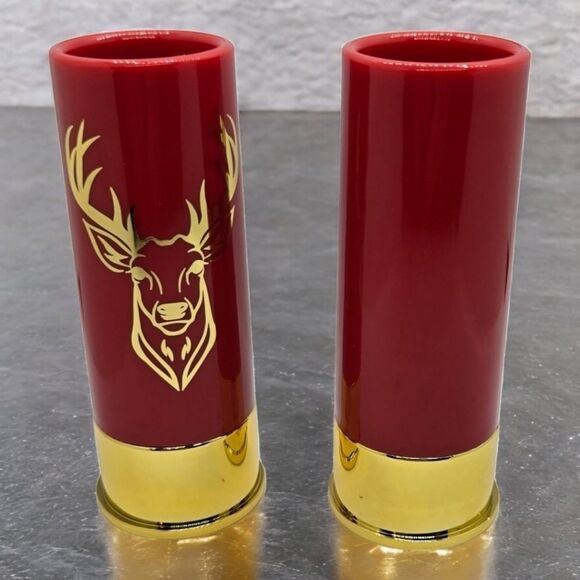 Gift Box Set 12 Gauge Shotgun Shell Red Shot Glasses Gold Deer Novelty Barware - Picture 8 of 13